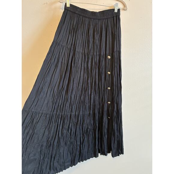 VTG Western Prairie Crinkle Maxi Skirt L Black Whimsygoth Boho Hippie Peasant 80 - Picture 11 of 16